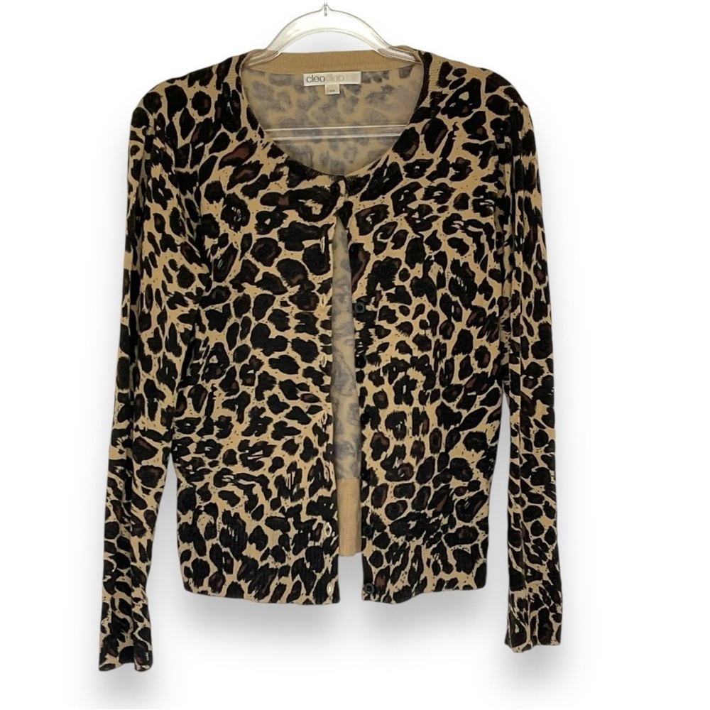 Cleo Cardigan Sweater Leopard Print Lightweight Knit Button Down Size Small
